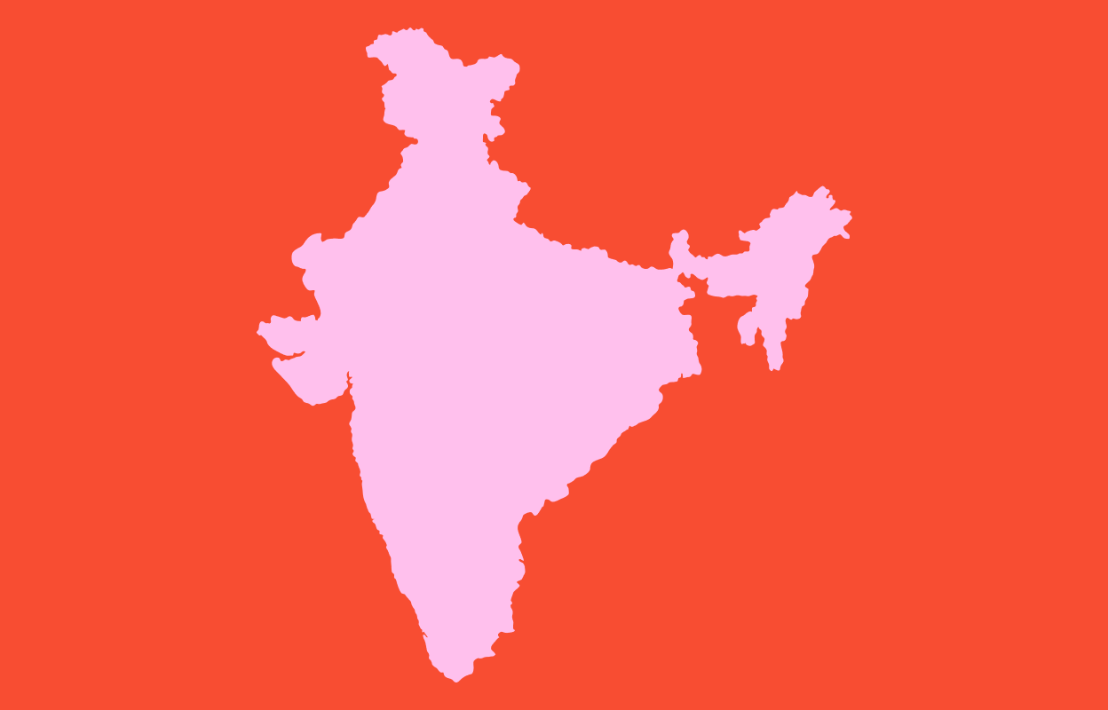 Pink outline of India on a red background